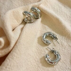 Women's Stainless Steel Silver Round Half Hoop Earrings with Cubic Zirconia Gems